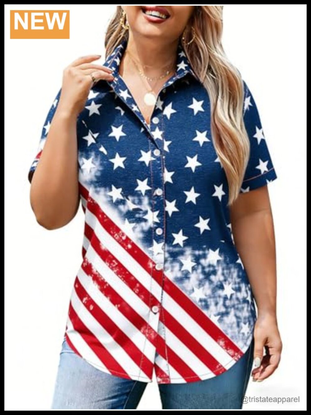 Plus Size Patriotic Button Down Shirt USA Flag Top Stars Stripes 4th of July
